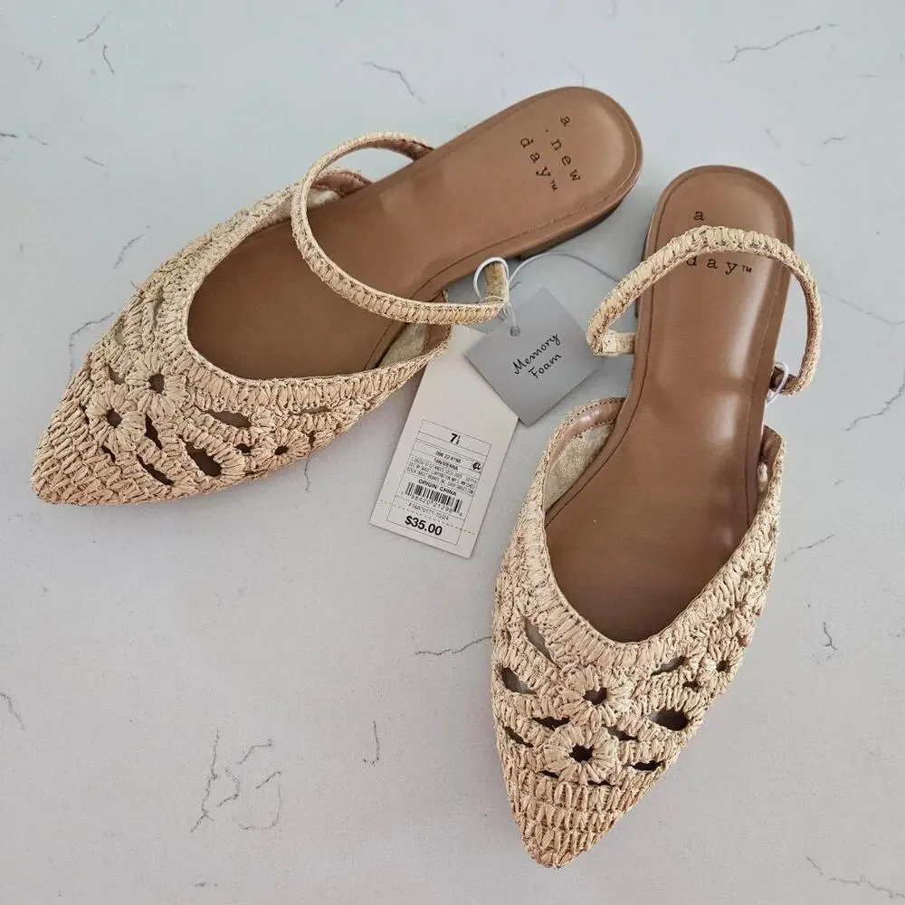 NWT A New Day Raffia Woven Pointed Toe Slingback Flats Natural 7.5